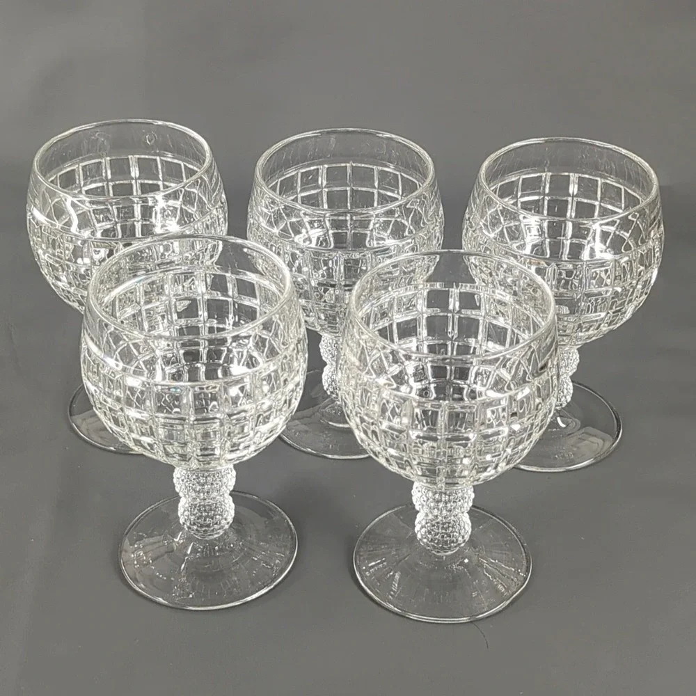Vintage Waffle Grid Crystal Wine Goblets Double Ball Hobnail Stem Set of 5 Clear